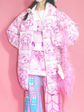 Puffer Jacket Pink Y2K Cartoon Print Hooded