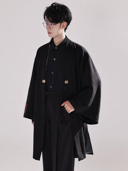 Unisex Details Coat Style with Chinese Sleeves Fringe Black Print Baggy Tree Long Mountain