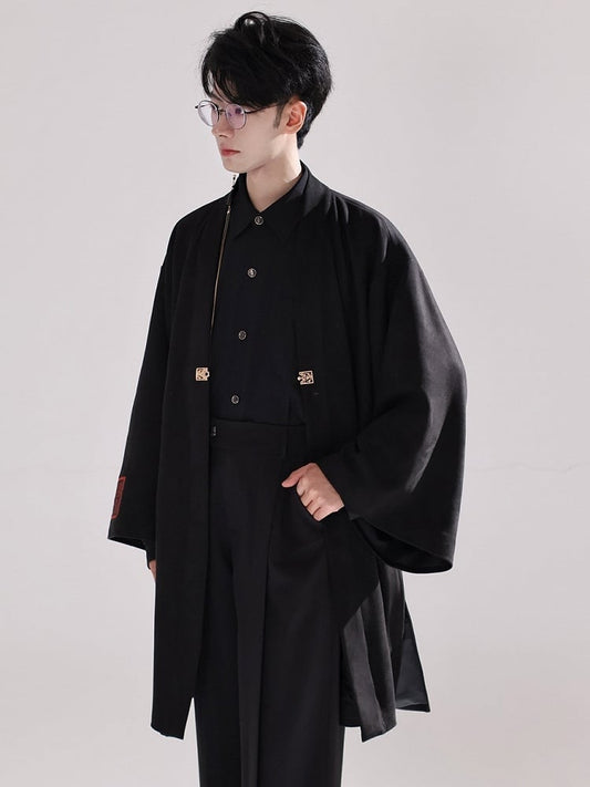 Unisex Details Coat Style with Chinese Sleeves Fringe Black Print Baggy Tree Long Mountain