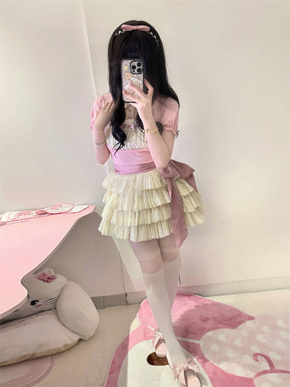 Beige Tüll Balletcore Selbstbinden Stufenrock Schleife mit