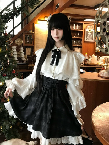 Bow High-Waisted Blouse + White Decor Kei Black Ruffle - Lace Skirt Plaid with Set Jirai