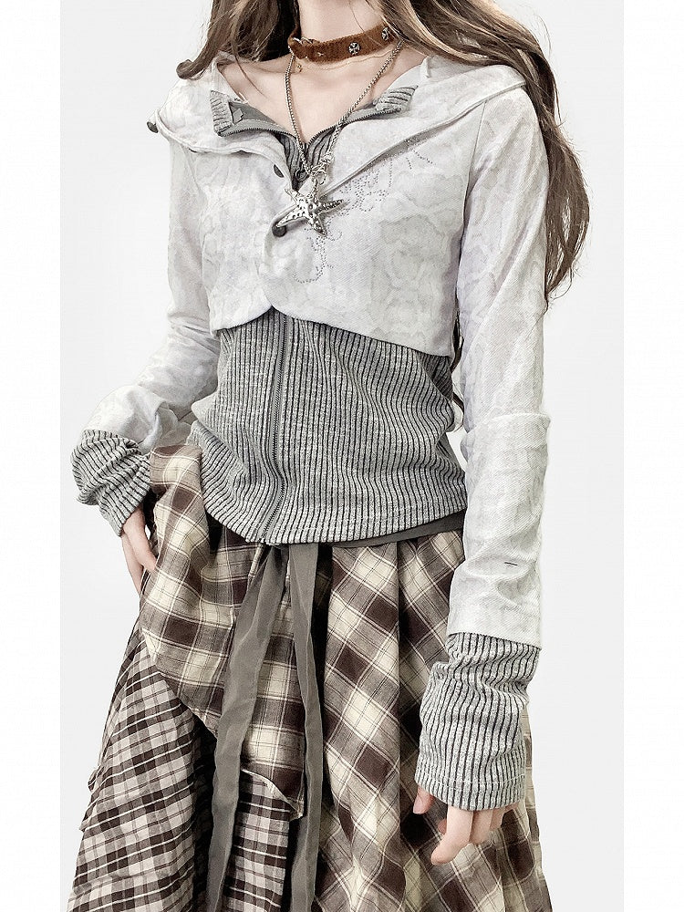 Jacket Gray Two-piece Rhinestone Pattern Striped Embellishments Hoodie with