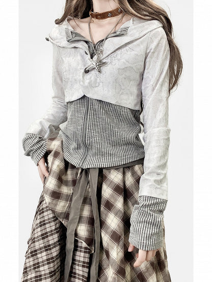 Jacket Gray Two-piece Rhinestone Pattern Striped Embellishments Hoodie with