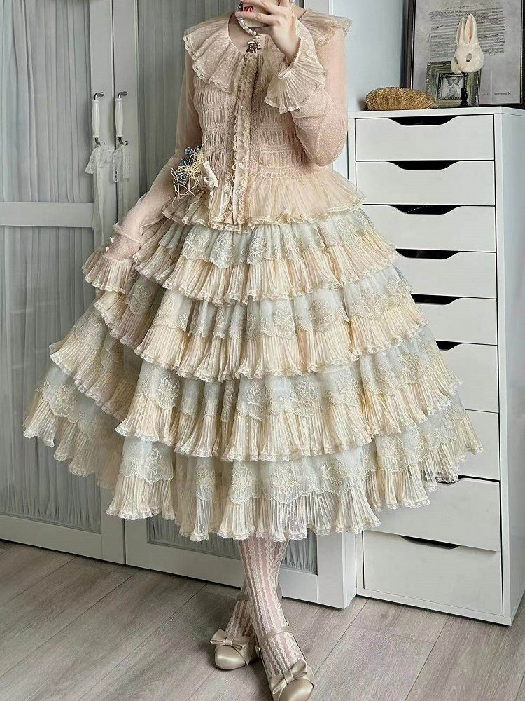 Details with Tulle Flower Multi-Layered Blue Lolita Beige Elegant Skirt Embroidery