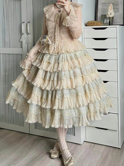 Details with Tulle Flower Multi-Layered Blue Lolita Beige Elegant Skirt Embroidery