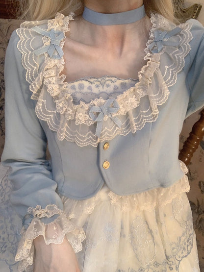 Autumn Trim Fashion Blue Accents Dusty Cropped Lolita Cardigan mit Spitzenschleife und