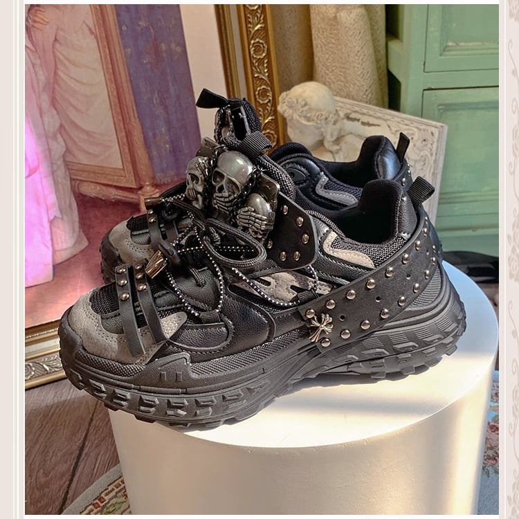 Black Sneakers Platform - Punk Studs Accents