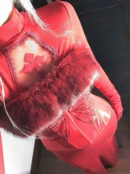 ゴシックレッドコフィンカットアウトクロスディテールハイネックマーメイドスカートマキシドレス