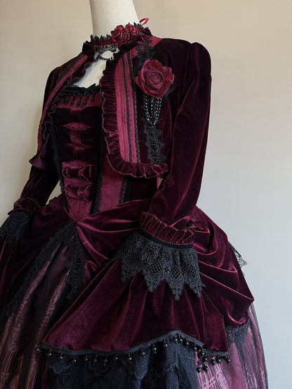 Burgundy Placket Top Velvet Gothic Lolita Cropped Ouji Ruffled