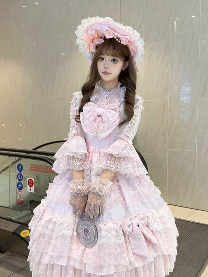 Small Pink Bows Ruffle Adorned Lolita Shirt 3/4 Sleeves Neckline