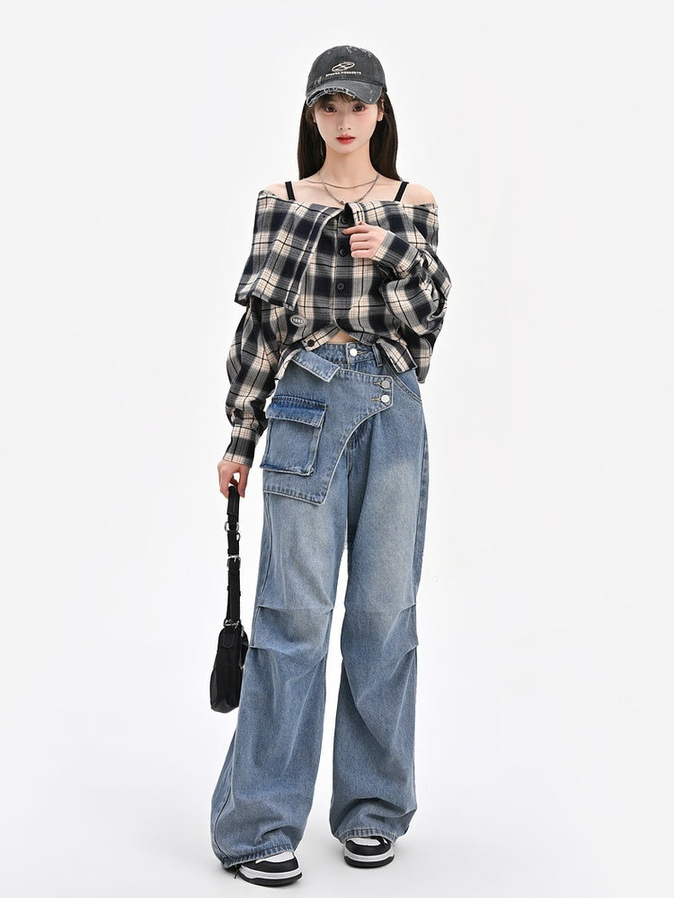 Wide-Leg Jeans Taillendesign Blau Asymmetrisch