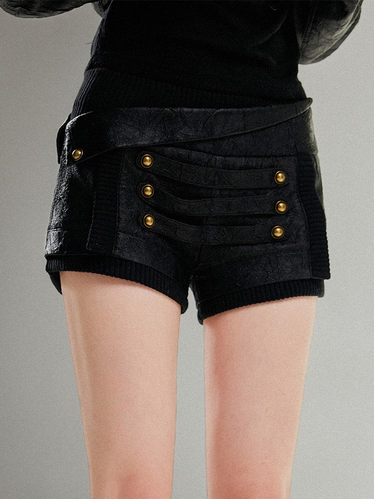 Vinatge Studs PU Strap Shorts Punk Textured with Metal Low-Rise Black Triple