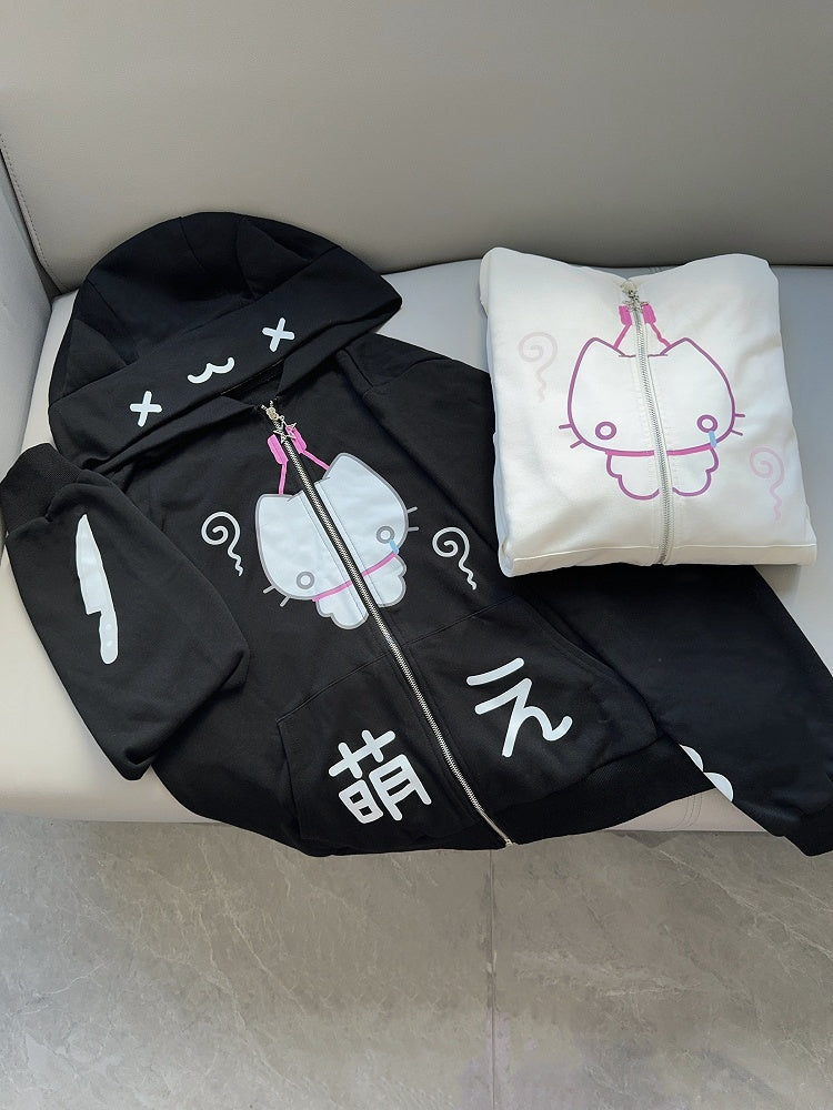 Cartoon Black Cat Print Hoodie with Ear Kitten