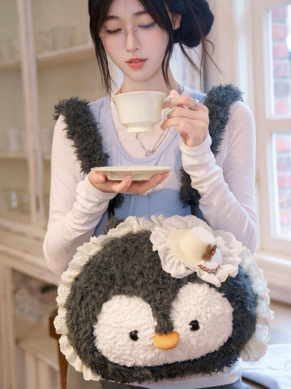 Backpack Gray Plush Penguin-shaped Trim Lace