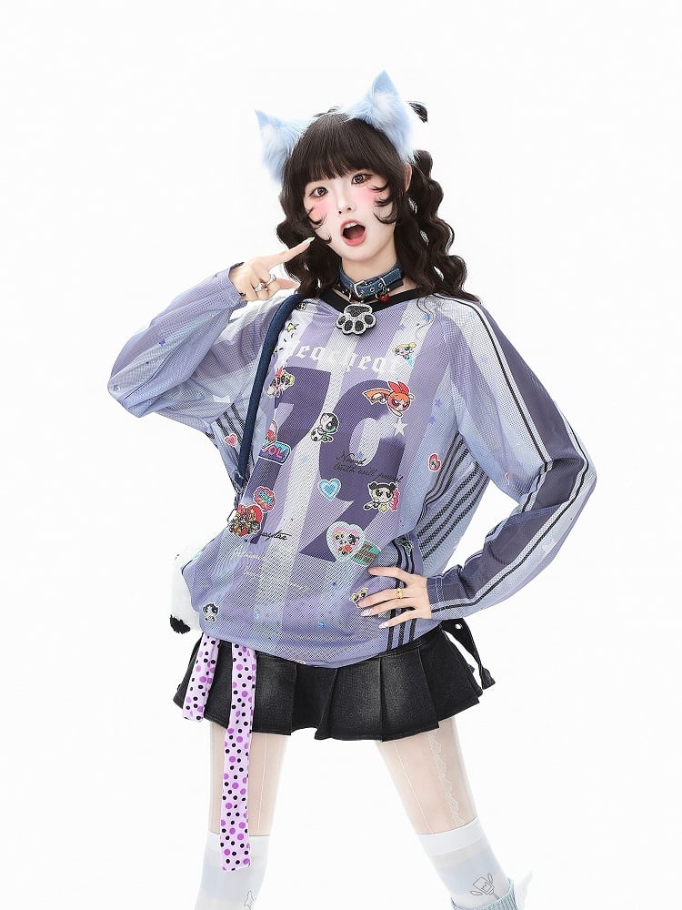 with Striped Sleeve Print Cartoon Long Top Purple/Pink Breathable