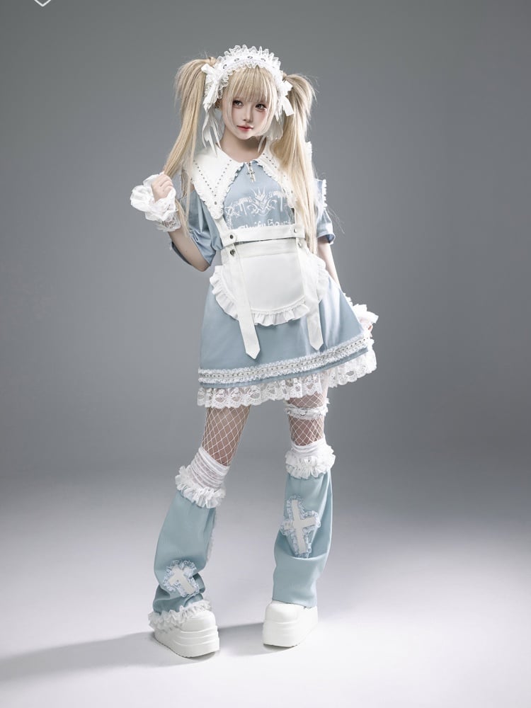 Blaues spitzes, flaches Kragen-Ausschnitt-Schulter-Spitzenbesatz-Jirai-Kei-Kleid, hell