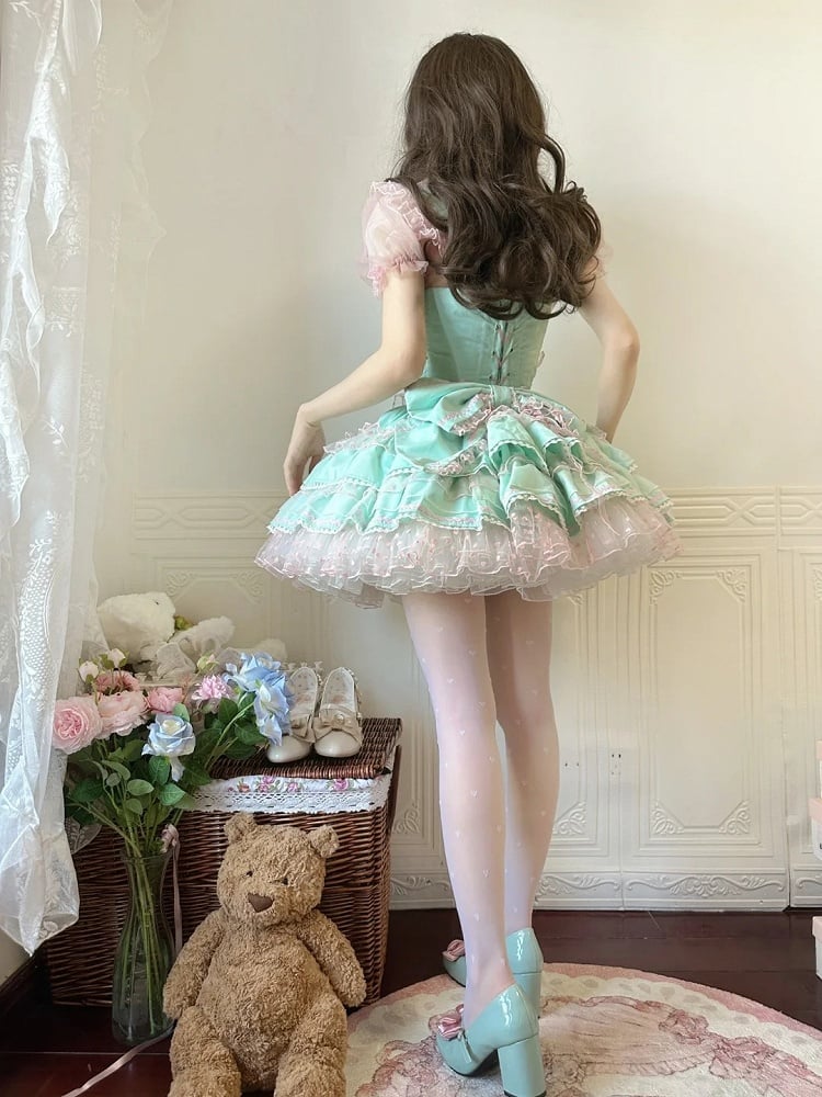 Lolita Dress Sweet Polka-dot Green Pink Heart Pattern Ruffled Heart Front Mint