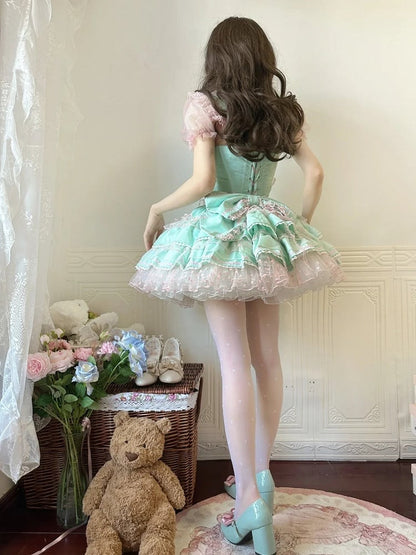 Lolita Dress Sweet Polka-dot Green Pink Heart Pattern Ruffled Heart Front Mint