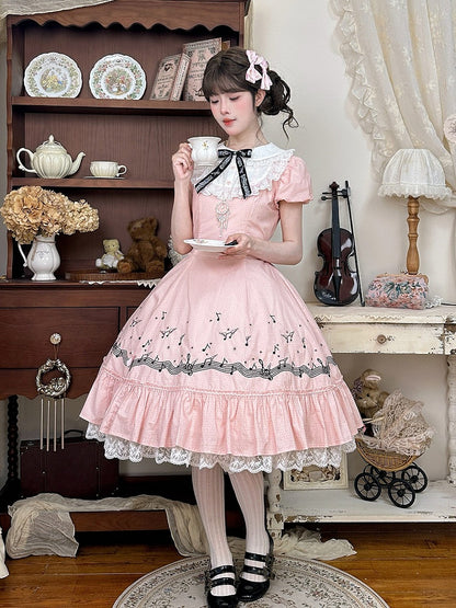 Sweet Pink Polka Dot Embroidered Music Note Lolita Dress with Panel Cut Skirt - Surface Spell