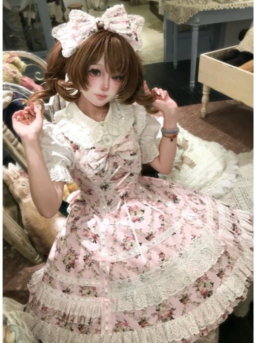 Pink Floral Cotton JSK Dress with Snowfall Motif and Sweet Lolita Style