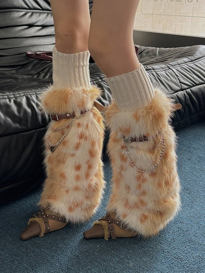 Rosa/Staubblau/Gelb Y2K Schnallenriemen Shaggy Beinwärmer