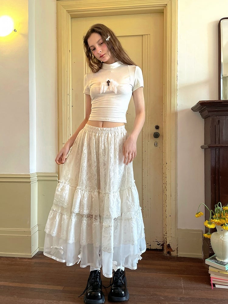 Skirt with Angel White Maxi Tiered Lace Embroidery and Bow Accents