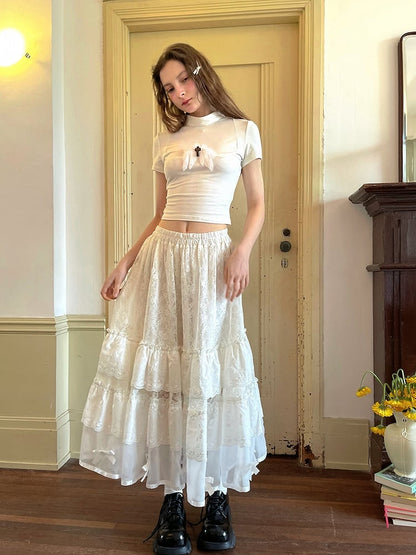 Skirt with Angel White Maxi Tiered Lace Embroidery and Bow Accents