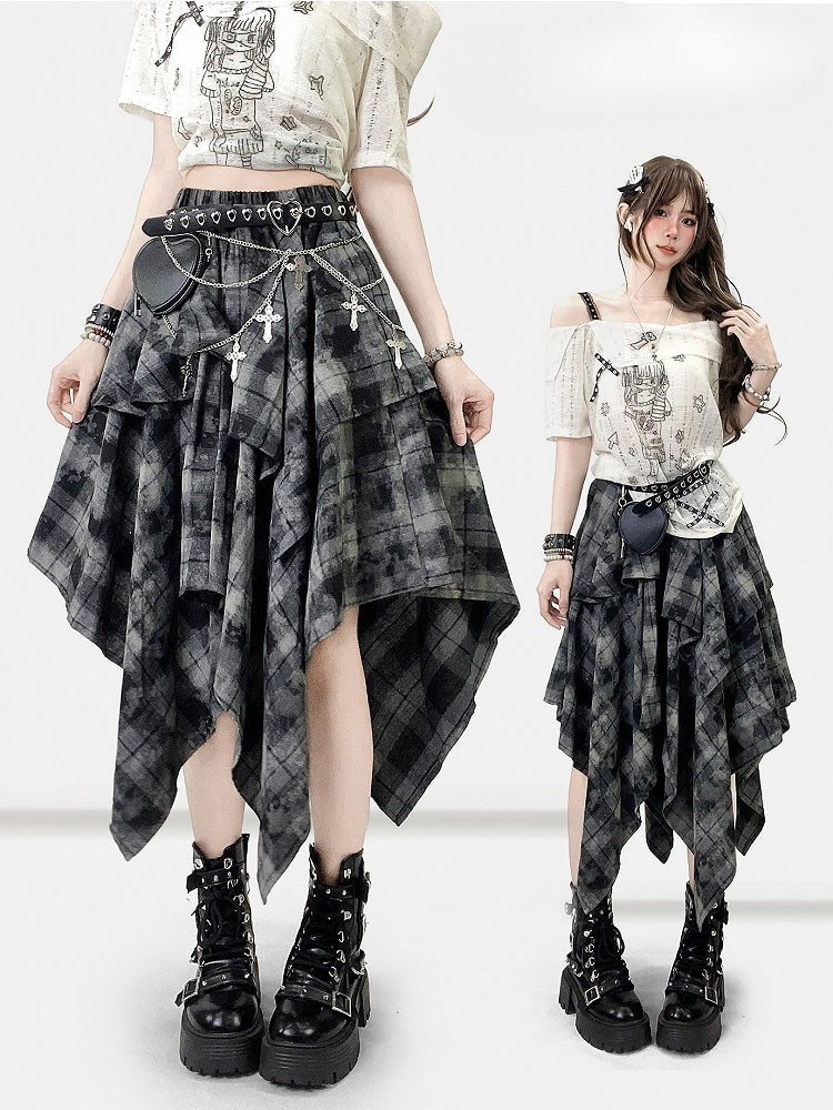 ハンカチ ダークヘム チェック柄スカート ほろ苦いグレー