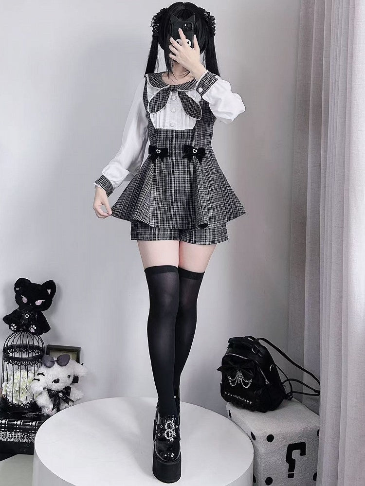 Bowknot Kei Plaid Details Jirai Schwarzes Outfit-Plissee lang + Top Shorts Ärmel Design