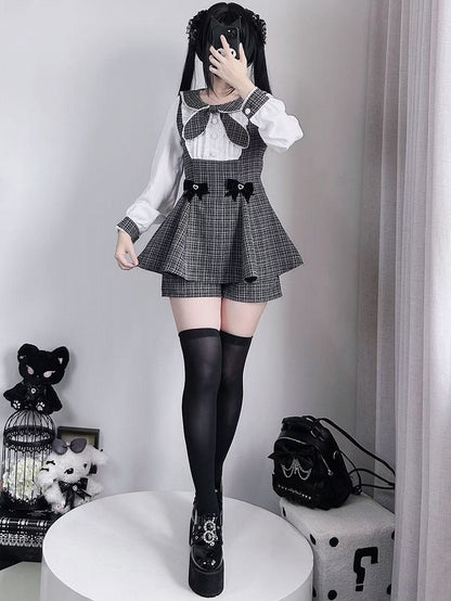 Bowknot Kei Plaid Details Jirai Schwarzes Outfit-Plissee lang + Top Shorts Ärmel Design
