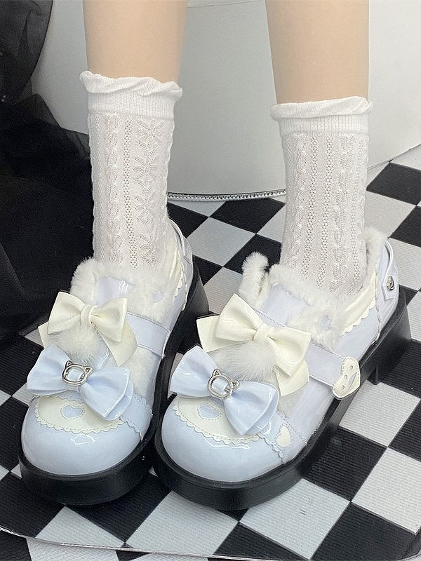 Bow Heart Sweet and Details Accents PU Heels Platform Blue White with Mid Lolita
