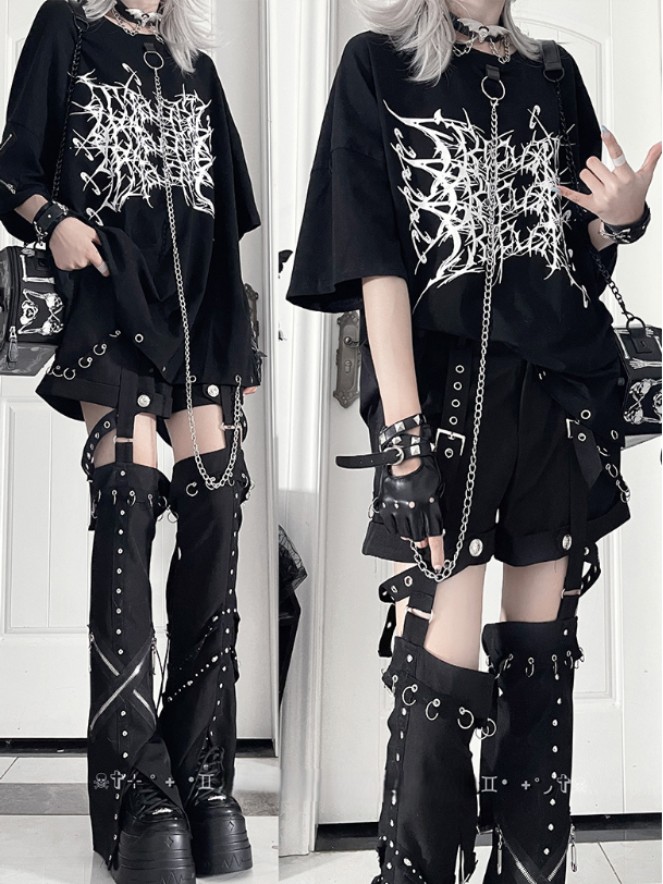 Thorn Gothic T-Shirtwith Chain Loose PrintDetachable White Black