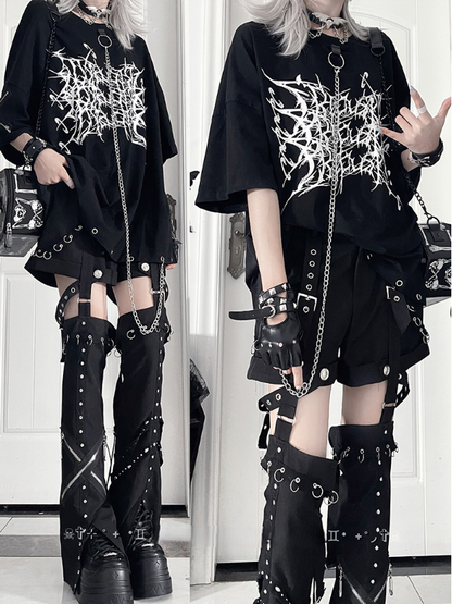 Thorn Gothic T-Shirtwith Chain Loose PrintDetachable White Black