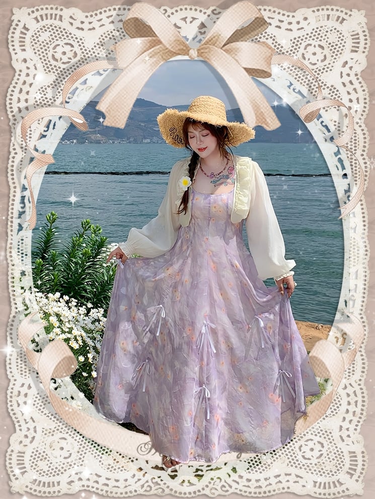 Details Chiffon-Camisole-Kleid mit Blumenmuster, drei Möglichkeiten, Übergröße, lila Schleifen