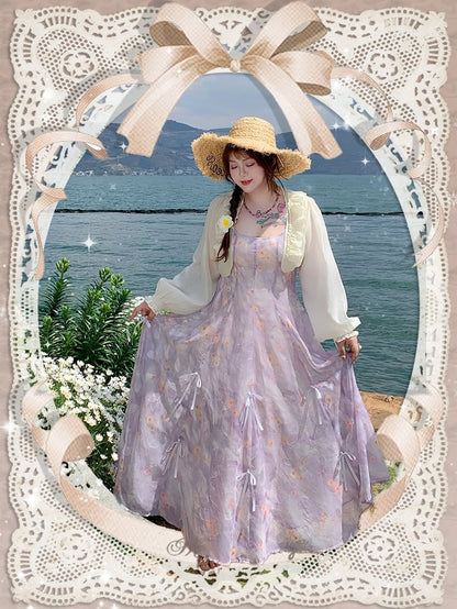 Details Chiffon-Camisole-Kleid mit Blumenmuster, drei Möglichkeiten, Übergröße, lila Schleifen