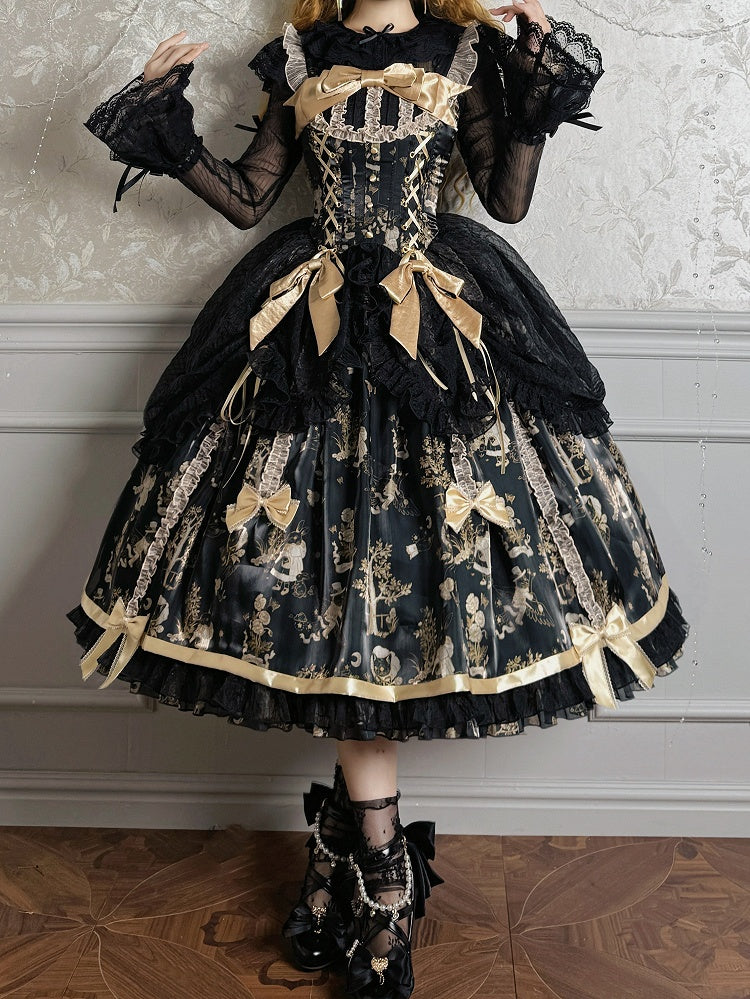 Overlay Waist Corset Drawstring Black Skirt Lolita Jumper and Gold