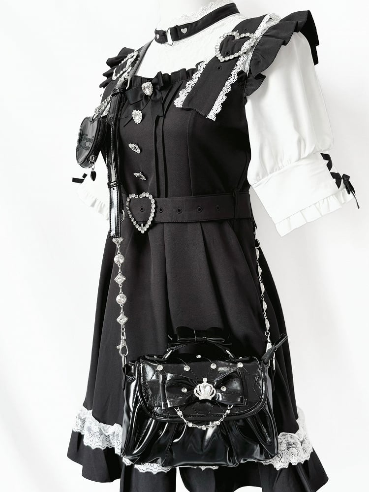 Bag Black with Bow Rhinestone - Jirai Crossbody Kei Interchangeable Crown Strap Heart