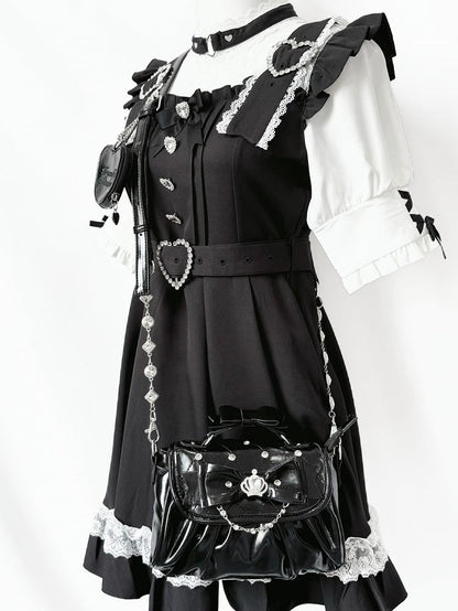 Bag Black with Bow Rhinestone - Jirai Crossbody Kei Interchangeable Crown Strap Heart