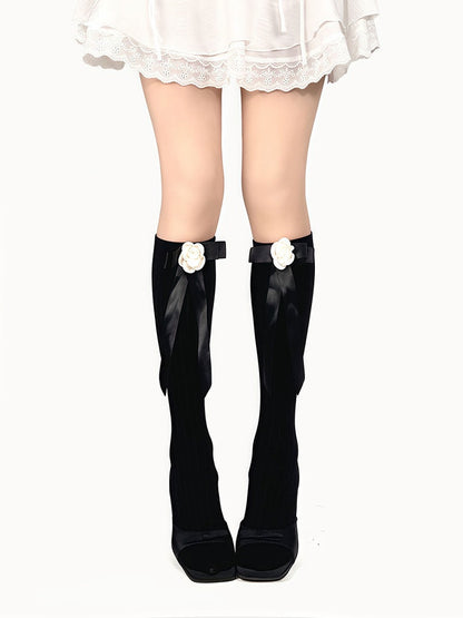 White/Black Ribbon Calf Bowknot Camellia Socks