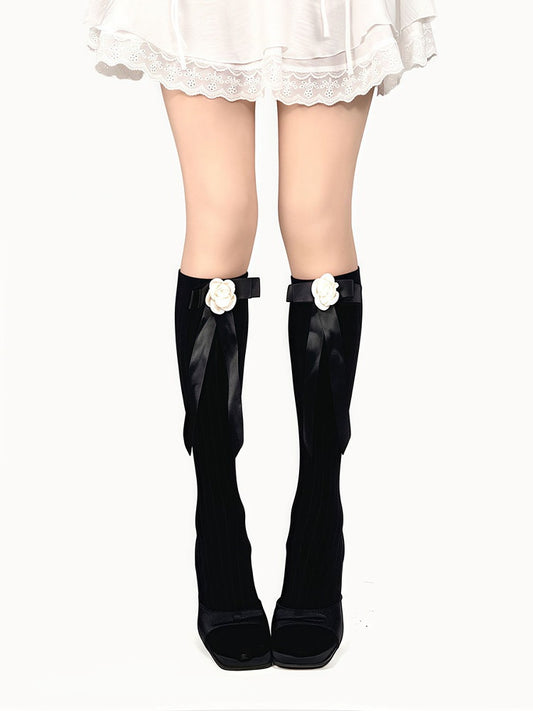 White/Black Ribbon Calf Bowknot Camellia Socks