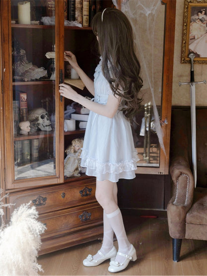 Kragen Schnürung Taille Pan Jirai Kei Kleid Hellblau Illusion Ausschnitt Peter