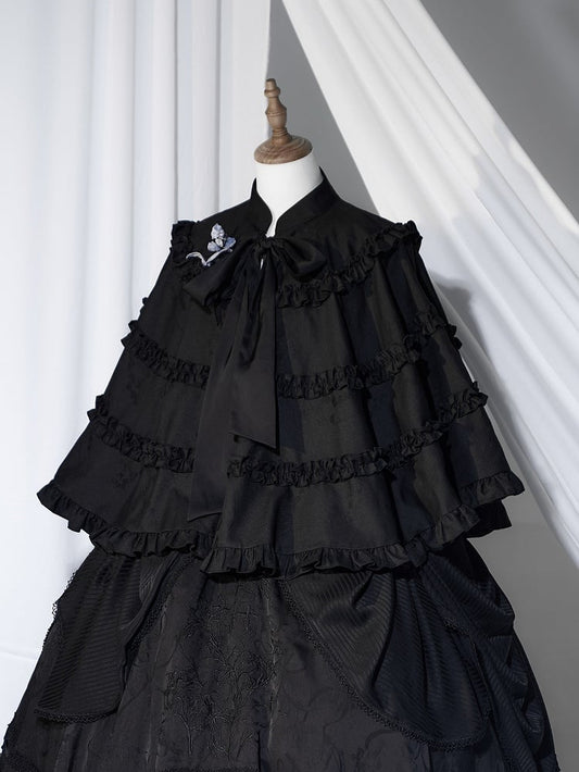 Black Collar Cape Banded Ruffled Lolita with Trims
