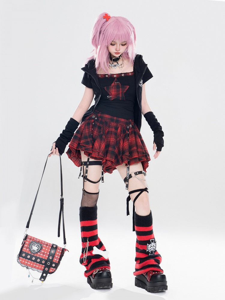 Applique Cami Mini Red Star Plaid Top Tiered With + Black Skirt