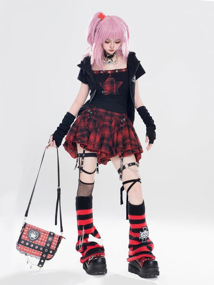 With Cami Applique Black Top Red Star Plaid