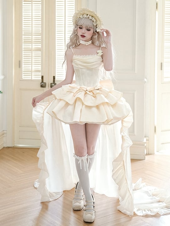 Kleid Lolita Beige Taille JSK Entbeint Wasserfallausschnitt Set Spaghettiträger Voll Elegant