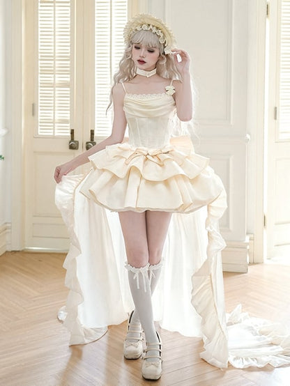 Kleid Lolita Beige Taille JSK Entbeint Wasserfallausschnitt Set Spaghettiträger Voll Elegant