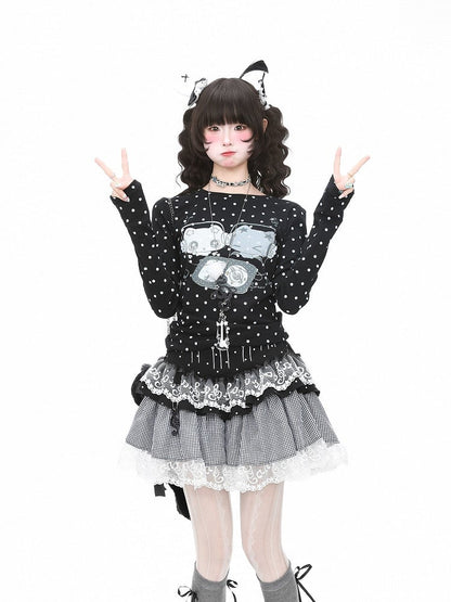 Cartoon Print Dot T-Shirt Black Y2K Polka Sleeve Long And