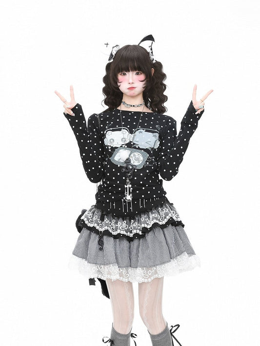 Cartoon Print Dot T-Shirt Black Y2K Polka Sleeve Long And