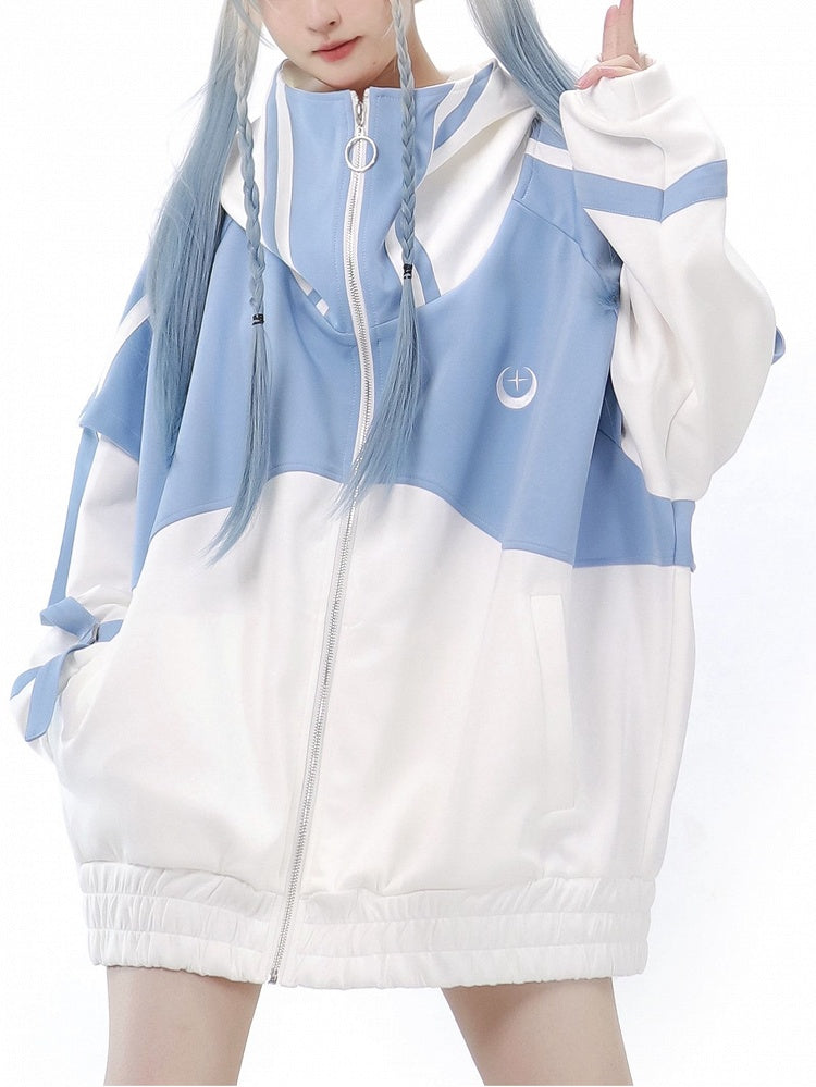 Jacke mit Reißverschlussärmeln vorne, hellblau, Tenshi, oben und langes Kaiwai-Sweatshirt in Weiß