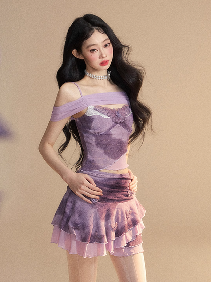 Ausschnitt Schmetterling Stickerei Top/Schmetterling Akzente Applikation Glamourös Stufenrock Lavendel Off-the-shoulder